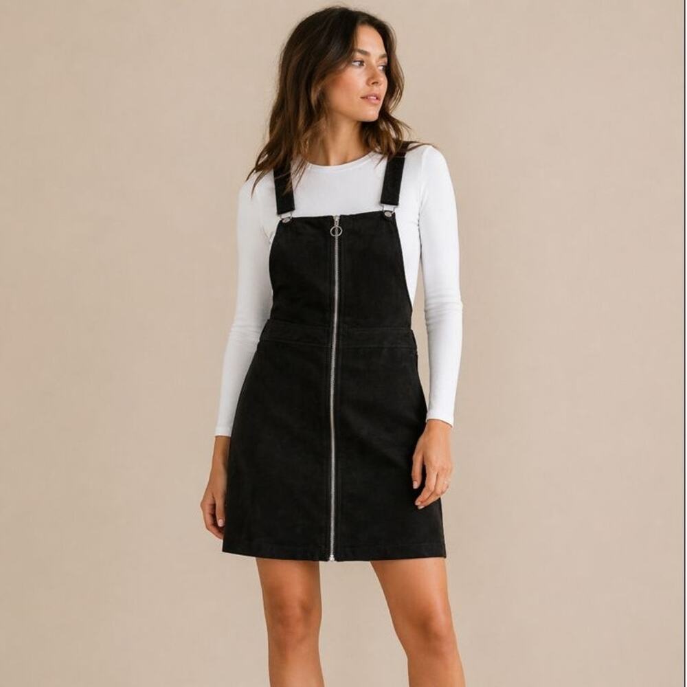 H&M Black Suede Size 8 Medium Zip Front Overall Dress Mini Pinafore NWT